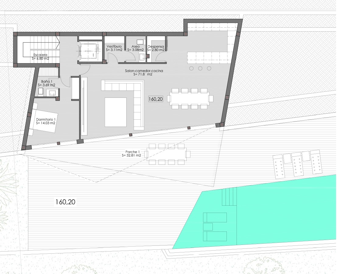 Detailed floor plan of the main level featuring a 71 sqm open-plan living area, en-suite bedroom, and a large porch leading directly to the outdoor pool and terrace.