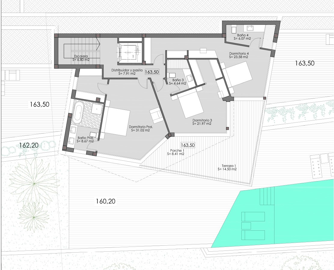 Detailed floor plan of the upper level featuring the master suite, two guest bedrooms with en-suite bathrooms, elevator access, and a spacious terrace.