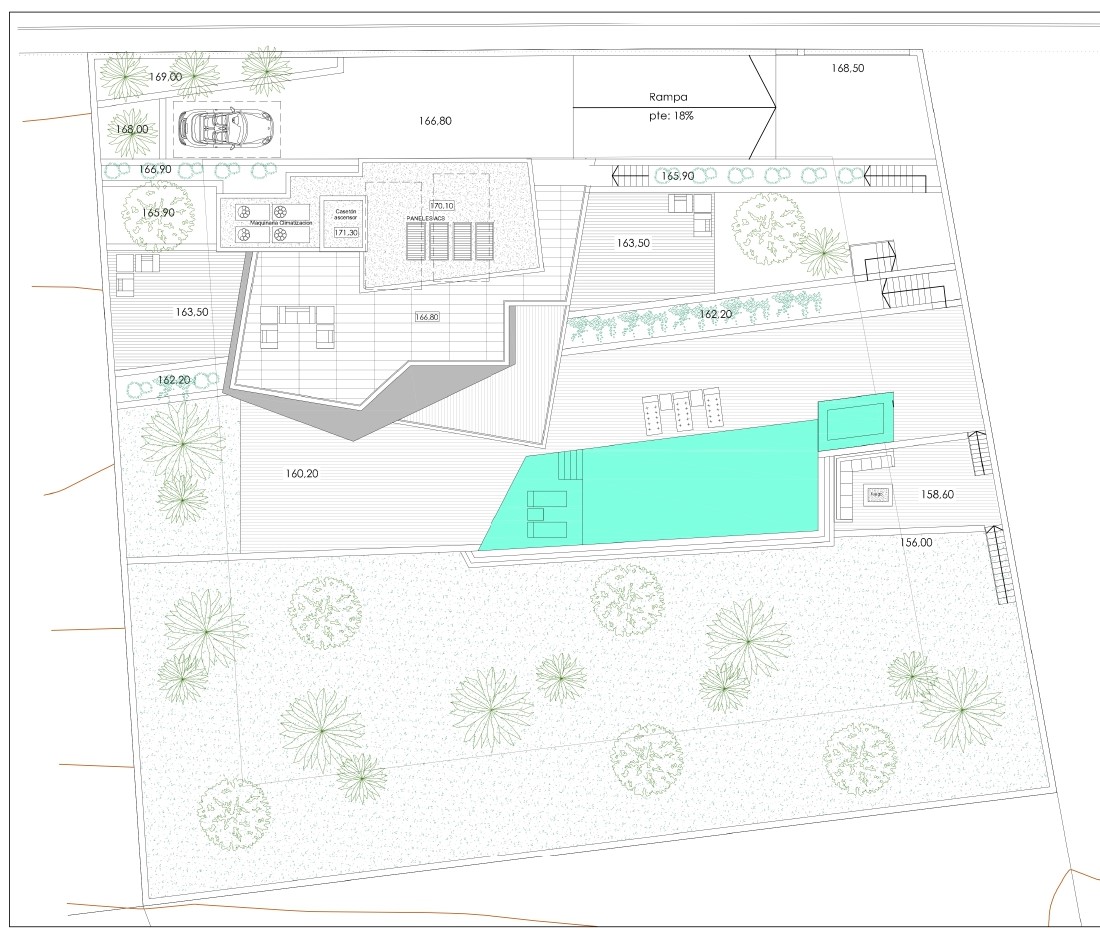 Detailed site plan illustrating the villa's layout, including the outdoor swimming pool, landscaped gardens, terraces, and vehicle access ramp.