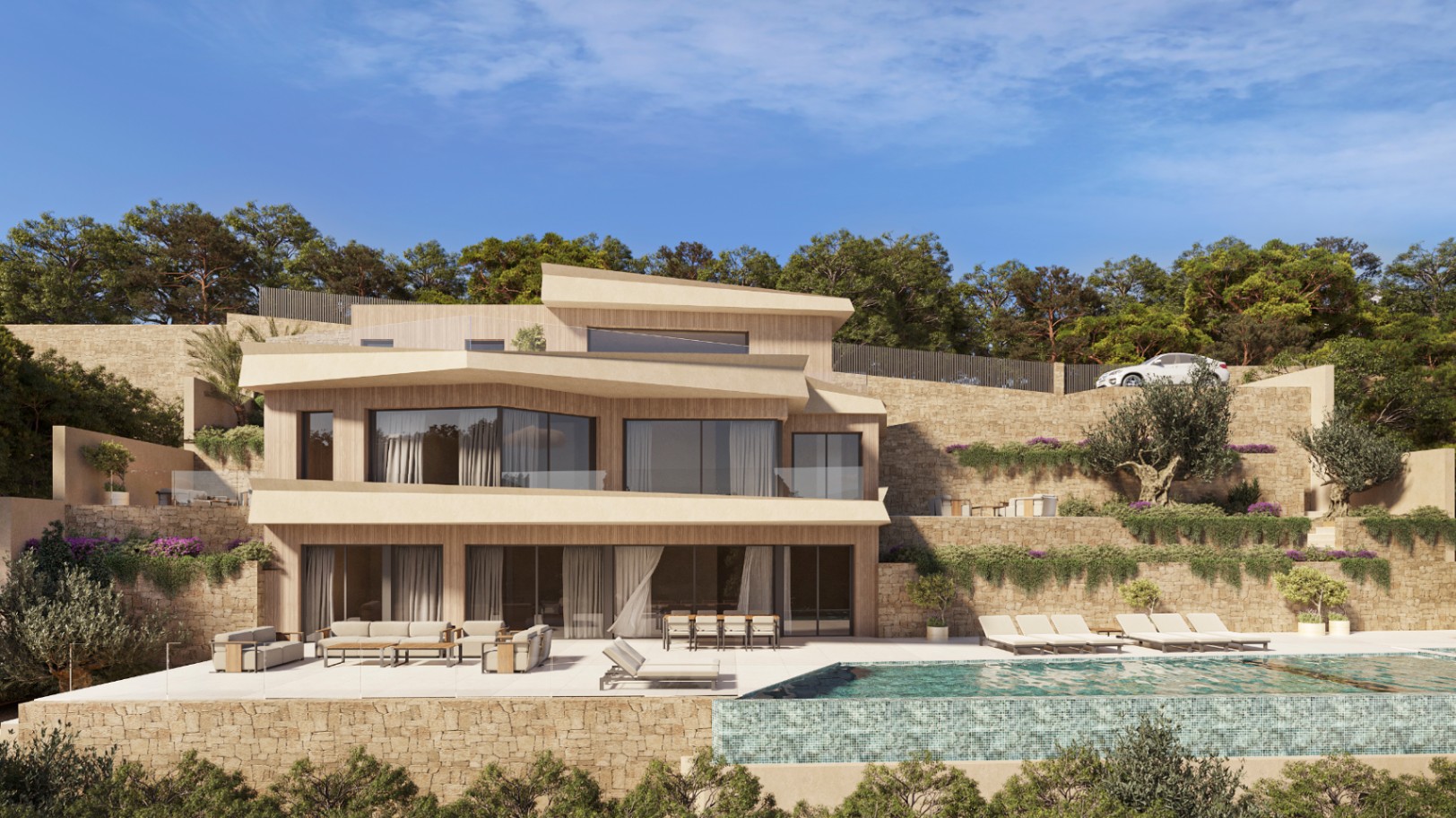 Exterior view of the modern villa featuring wood-textured cladding, an infinity pool, spacious terraces with lounge areas, and tiered stone-walled gardens.