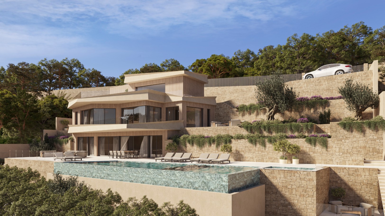 Modern multi-level villa featuring an infinity pool, natural stone retaining walls, and expansive terraces with integrated Mediterranean landscaping.
