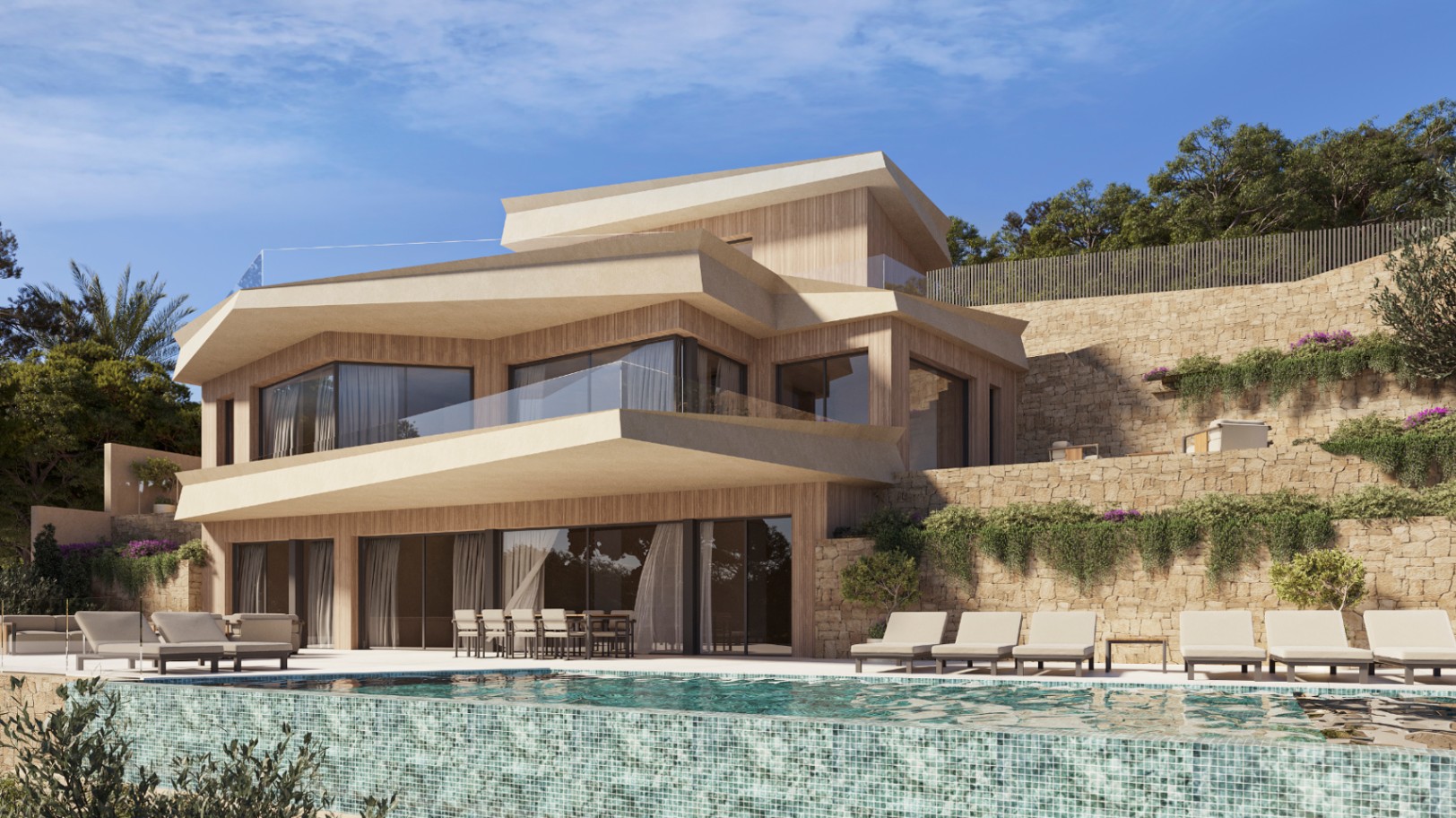 Modern villa exterior featuring an infinity pool, wood-textured cladding, and expansive glass windows. The design includes natural stone walls and terraces with glass railings.