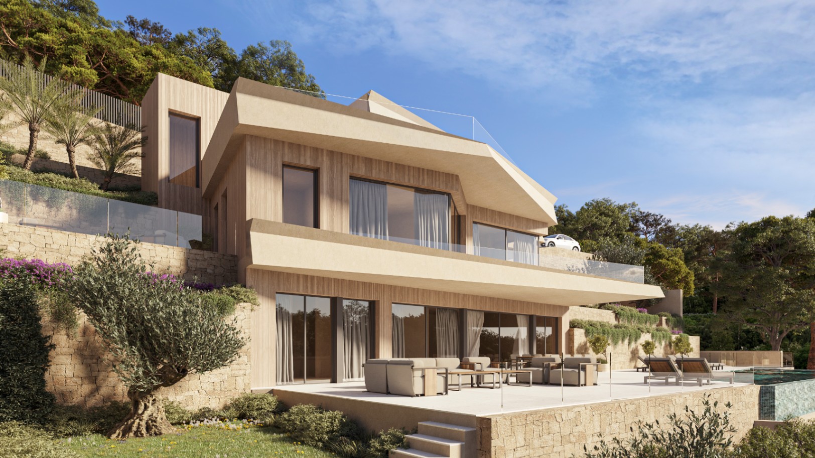 Modern villa exterior featuring wood-textured cladding, expansive terraces with glass railings, outdoor lounge furniture, and an infinity pool integrated into the hillside landscape.