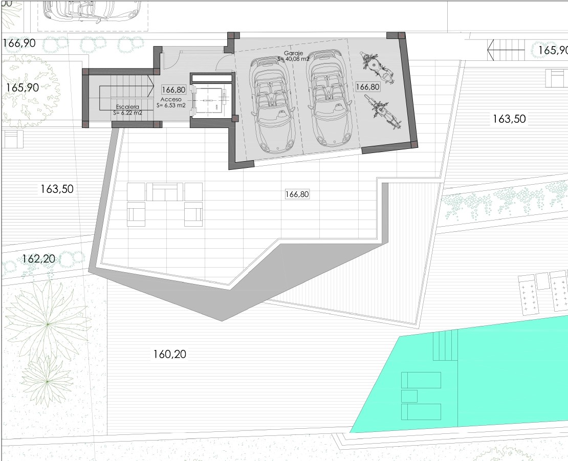 Technical floor plan illustrating the 40 sqm garage for two cars and motorcycles, elevator access, and a large terrace adjacent to the swimming pool.