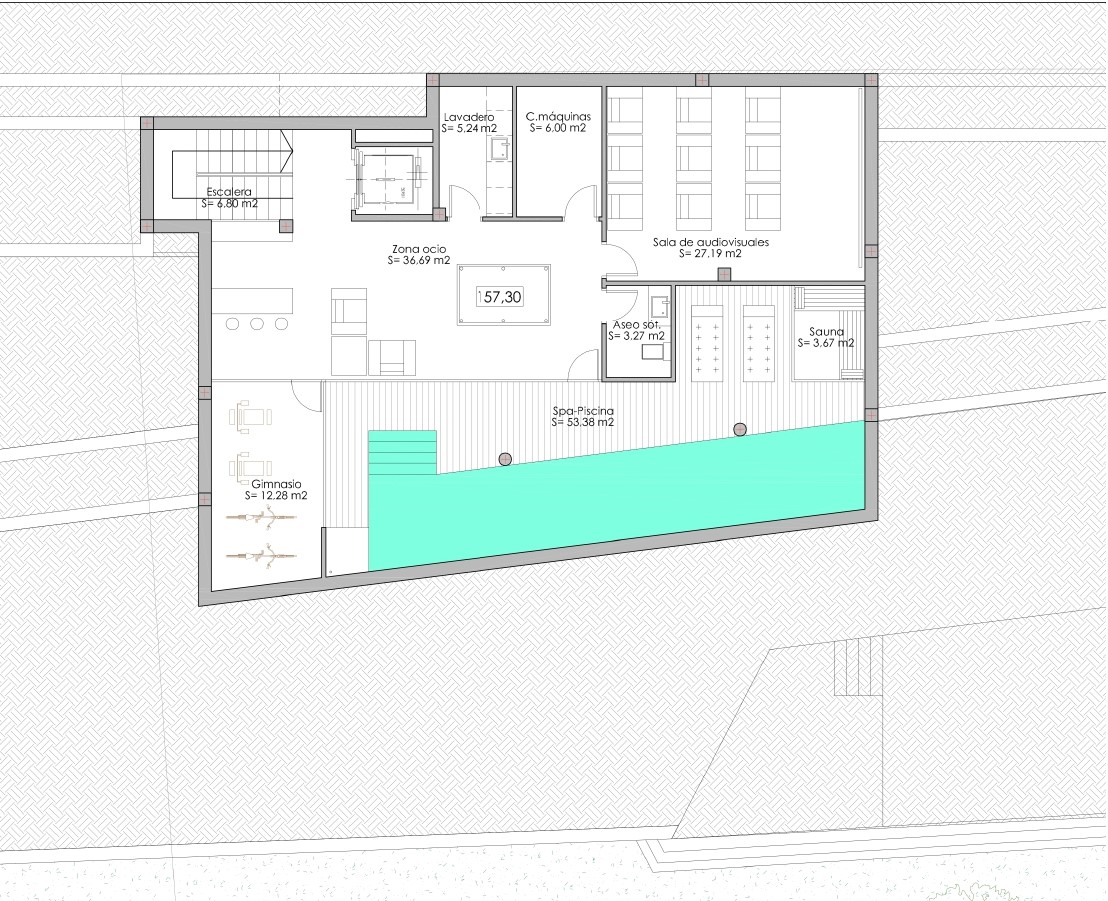 Technical floor plan of the basement level showing the layout of the leisure zone, cinema room, gym, sauna, and a 53.38 sqm indoor pool with direct elevator access.