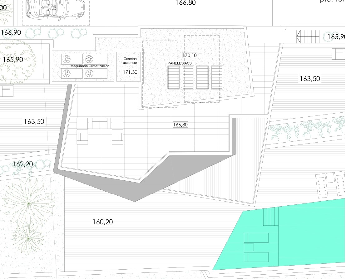 Technical site plan showing the rooftop layout with solar panels, HVAC machinery, elevator housing, and the outdoor terrace with pool access.