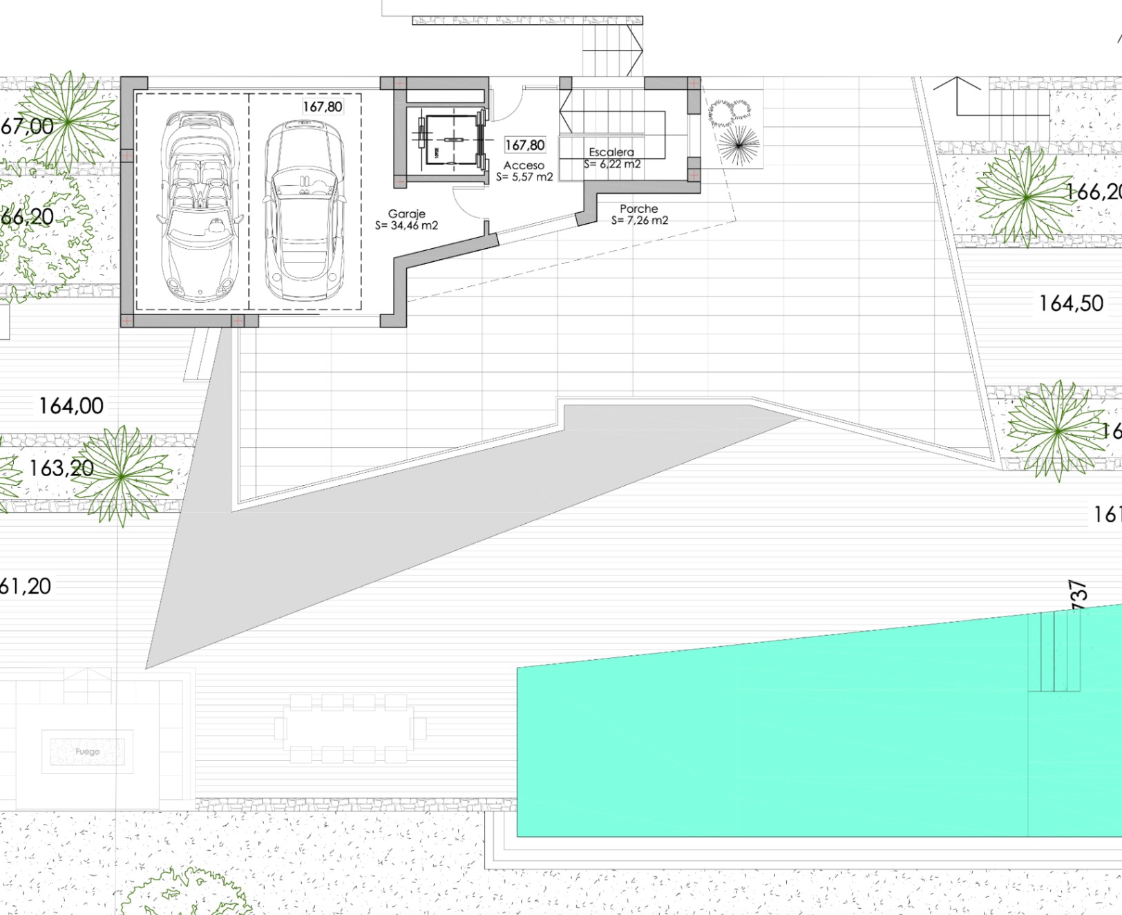Architectural plan: double garage, access, staircase, porch and swimming pool.