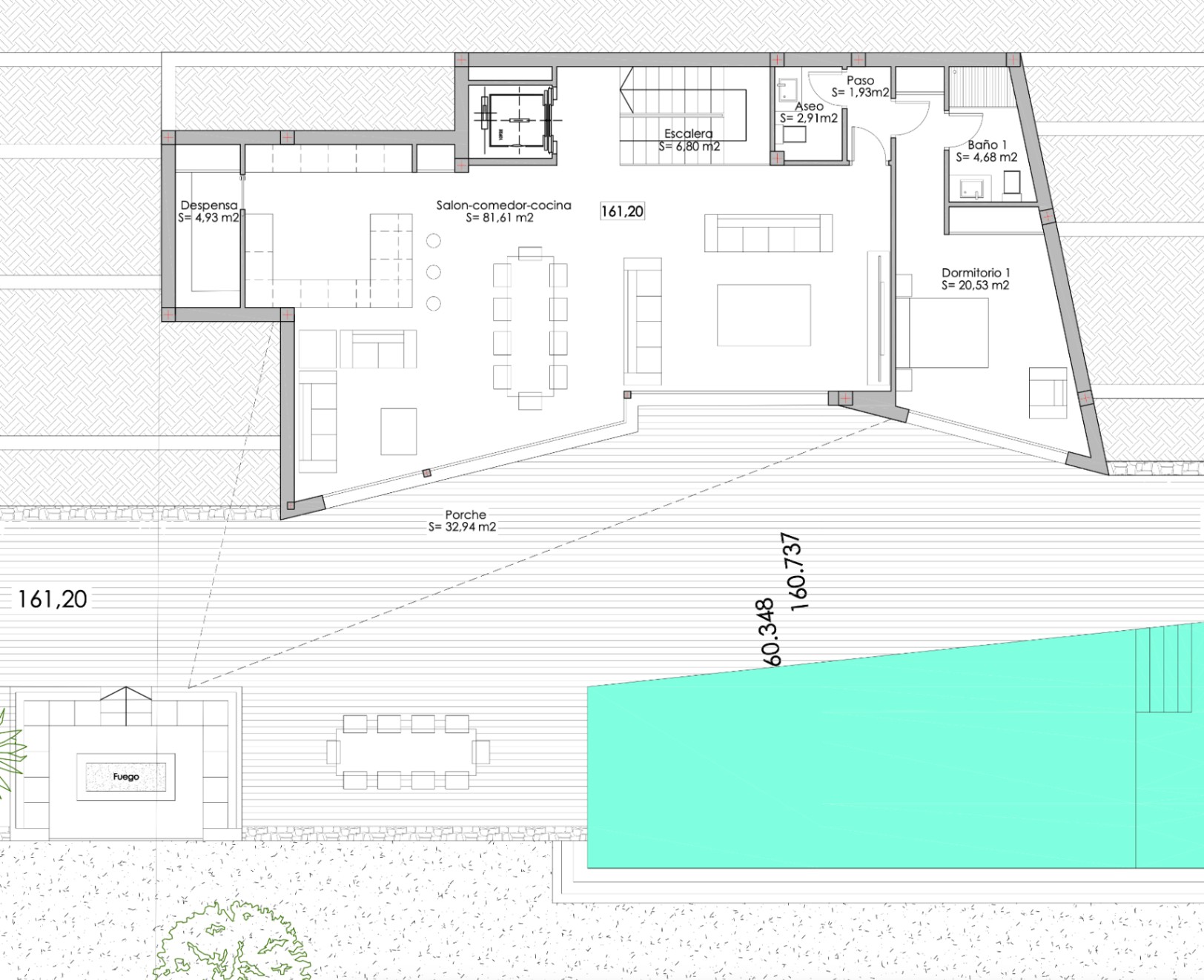 Architectural plan of a villa showing the interior and exterior layout, including a pool and garden.