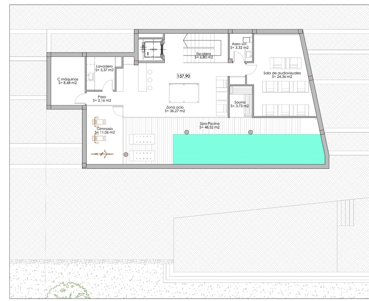 Architectural plan of the basement featuring a gym, spa-pool, sauna, and audiovisual room.
