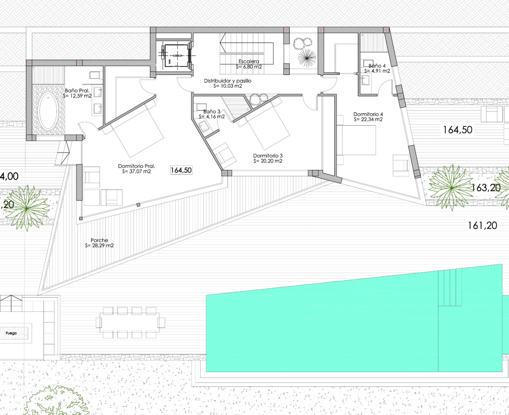 Architectural plan of the villa showcasing the layout of bedrooms, bathrooms, and the outdoor pool.