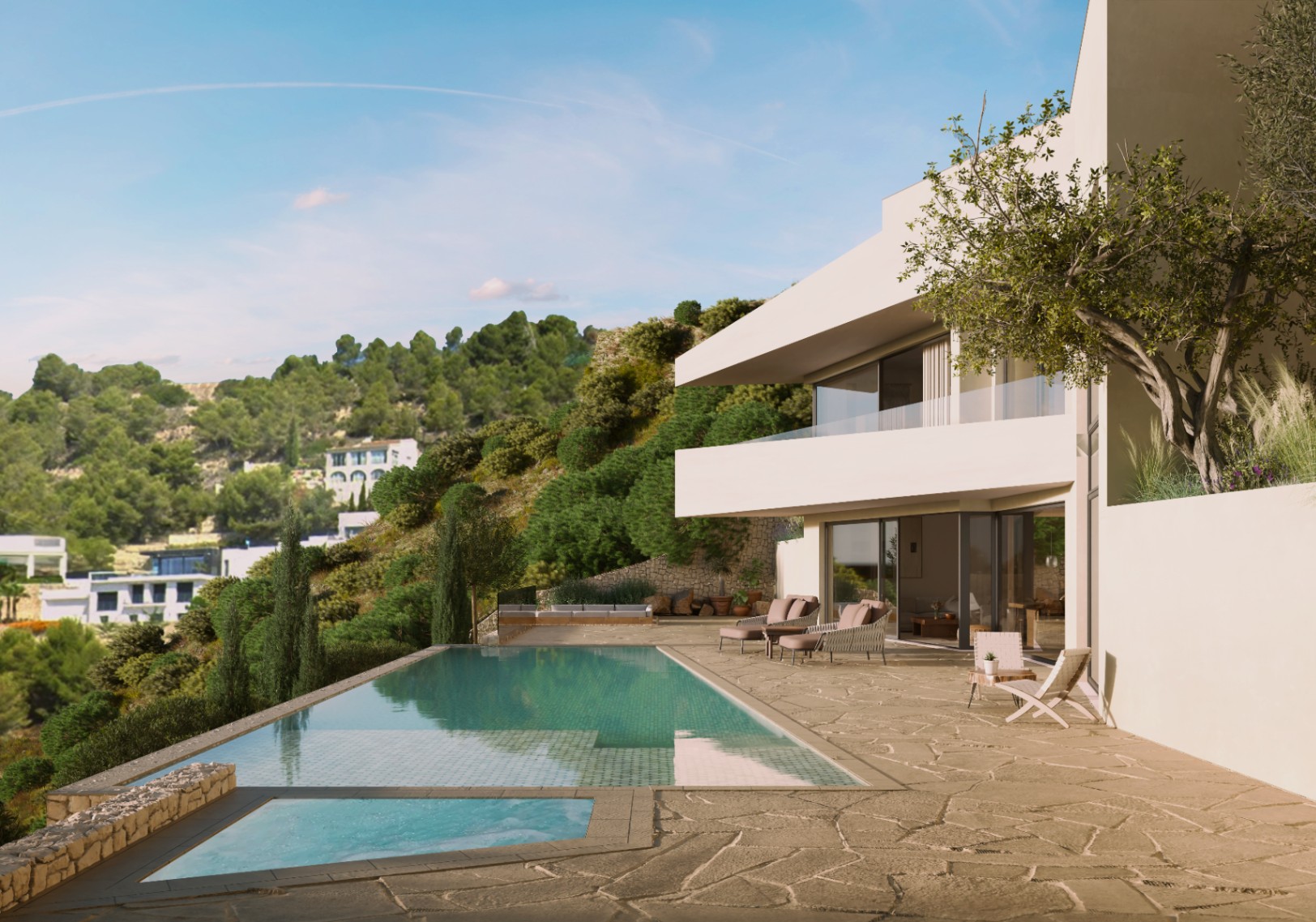 Exterior view of the villa featuring an infinity pool and natural stone terrace with outdoor furniture.