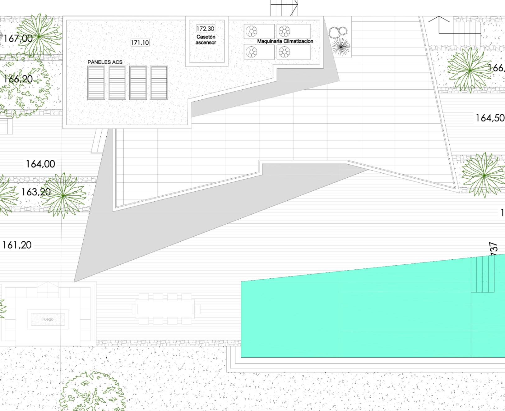 Overhead plan of the villa showcasing the pool, gardens, and solar panels.