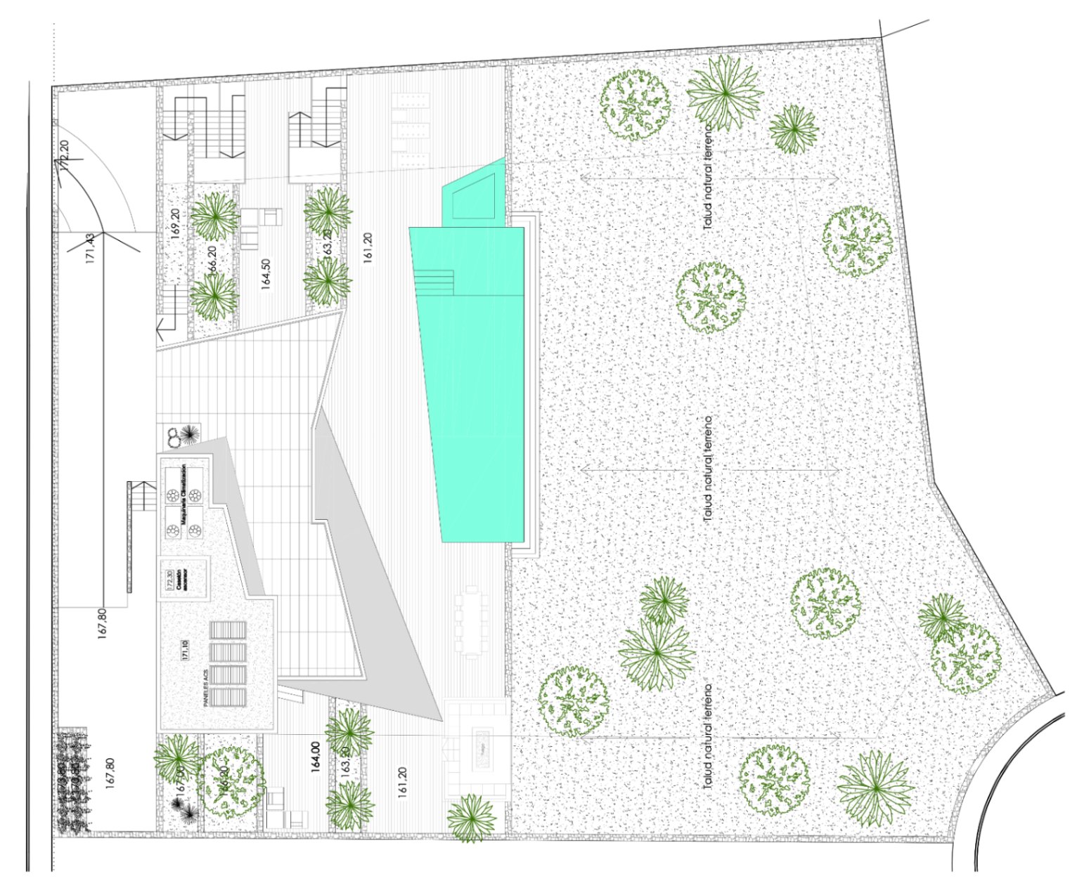 Overhead plan of villa with pool, terrace, Mediterranean garden, and barbecue area.