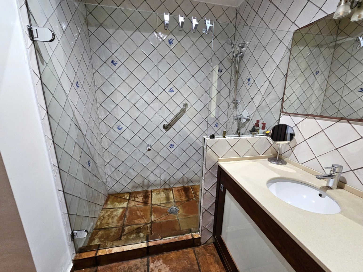 Bathroom featuring hand-painted wall tiles in a diamond pattern, a walk-in glass shower, and authentic handmade clay floor tiles.