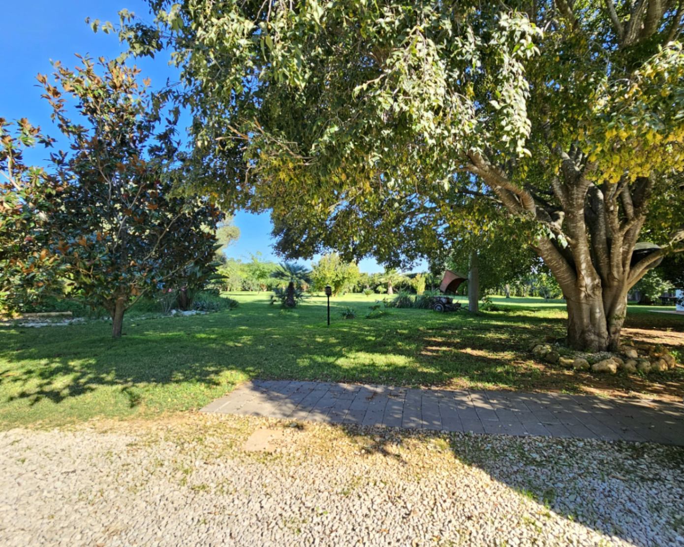 Manicured Mediterranean garden featuring mature shade trees, expansive green lawns, and integrated gravel and stone pathways.