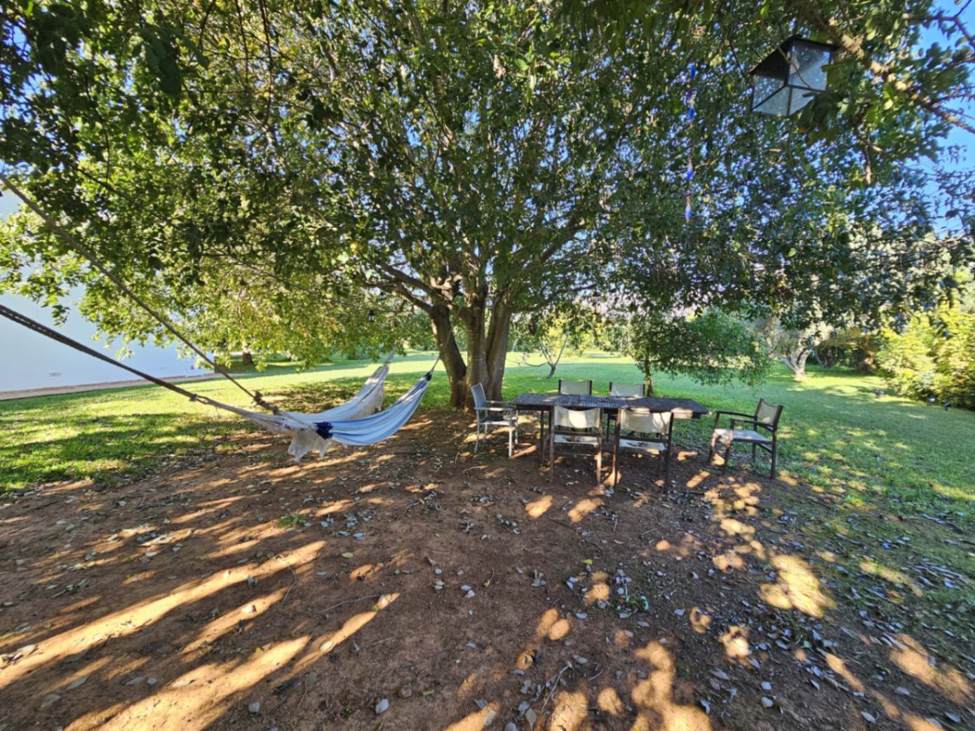 Shaded relaxation area under a mature tree, featuring an outdoor dining set and a hammock, set within the property's expansive manicured lawns.