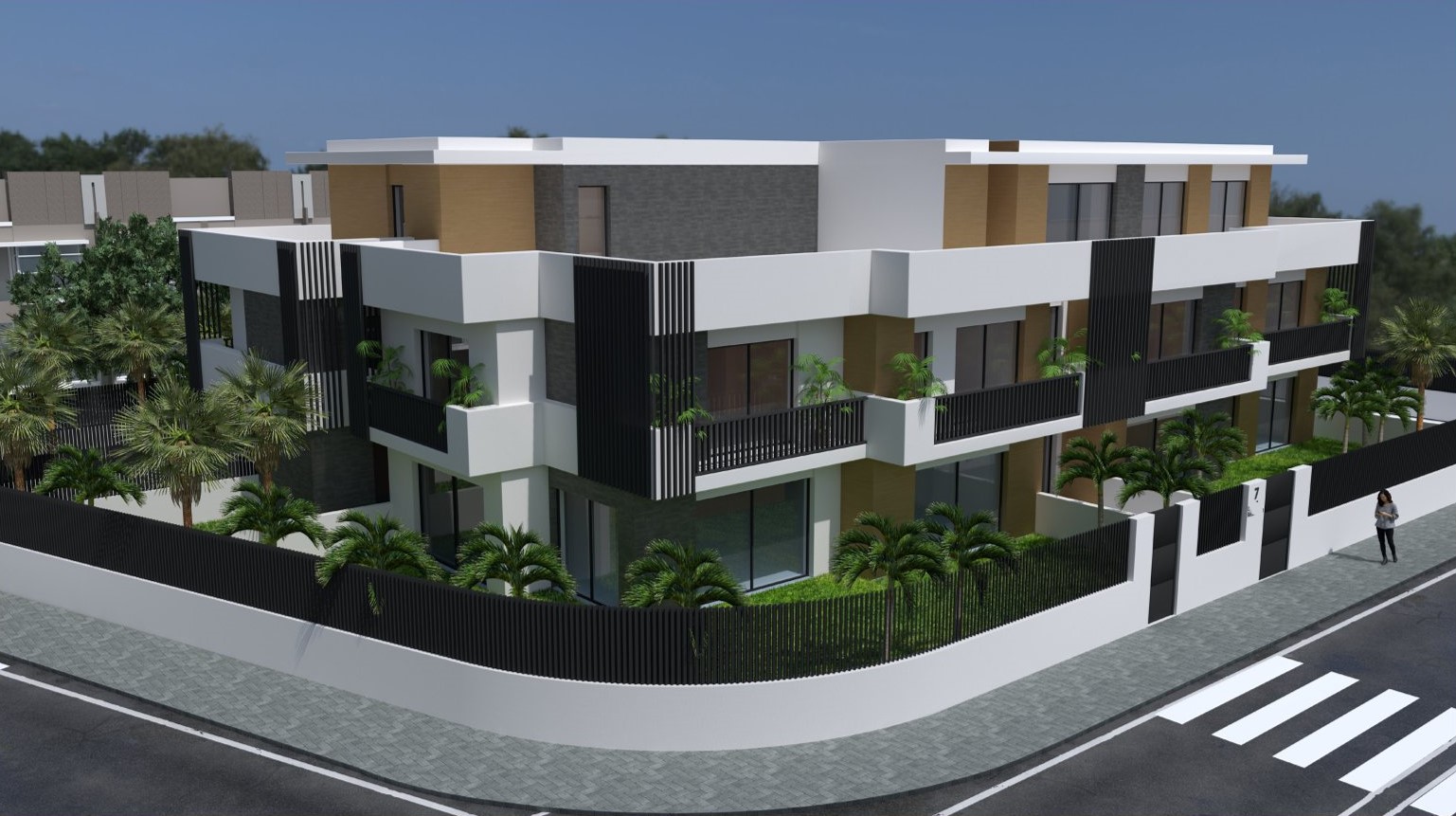 Contemporary exterior featuring white facades, wood-textured panels, and stone accents. The design includes spacious private terraces and a perimeter garden with palm trees.