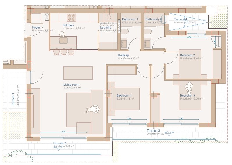 Detailed floor plan showing a three-bedroom layout with an open-concept living area, integrated kitchen, and four distinct terraces for outdoor living.