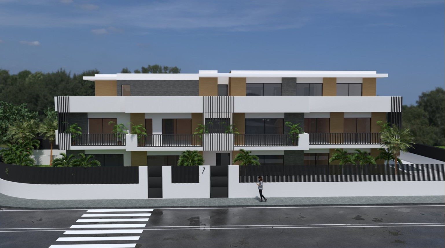 Main facade of a contemporary residential building featuring white render, grey stone accents, wood-effect panels, and spacious terraces with black metal railings.