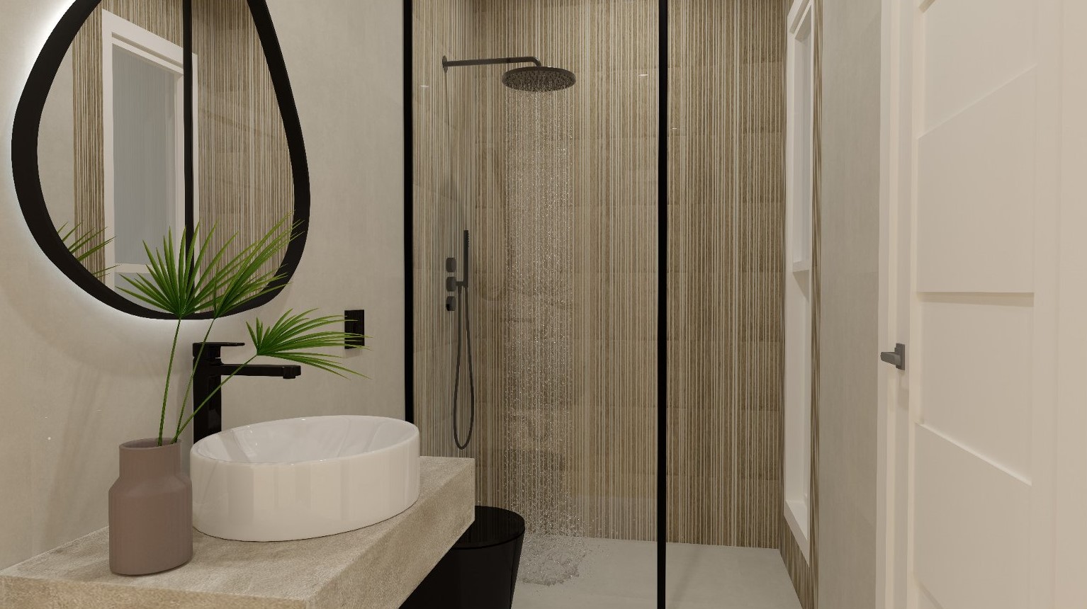 Modern bathroom featuring a walk-in shower with black fixtures and a stone-effect vanity. Includes an organic-shaped backlit mirror and textured vertical wall tiling.