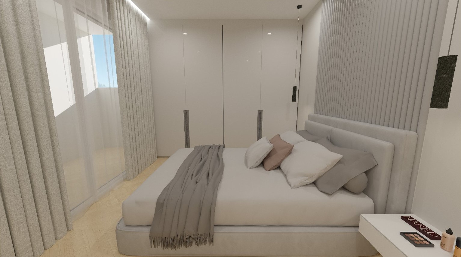 Modern bedroom featuring white built-in wardrobes, a vertical slatted accent wall, and floor-to-ceiling windows leading to the terrace.