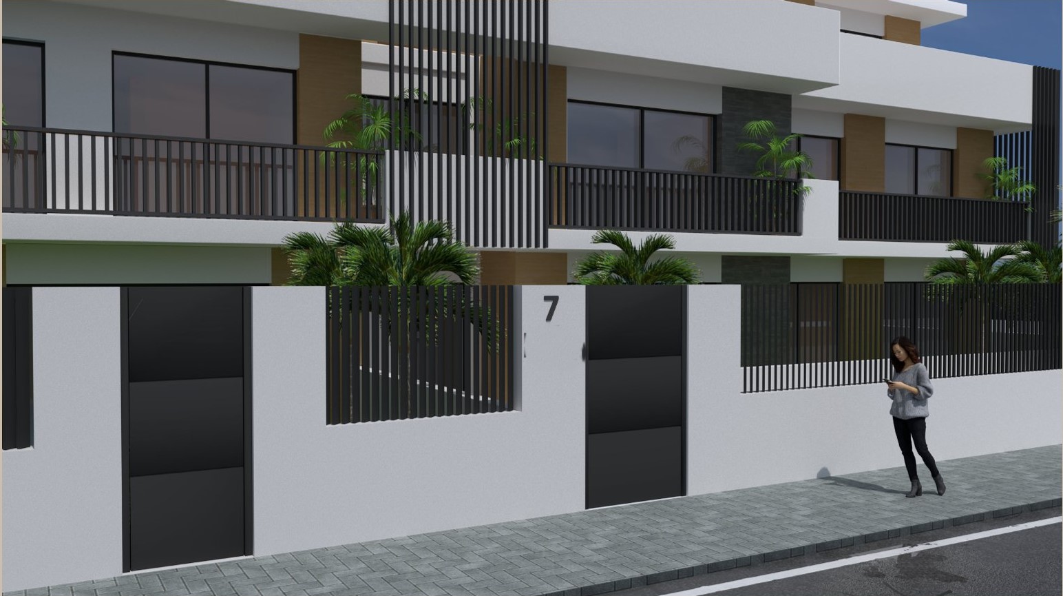 Modern exterior facade featuring white walls, black metal slats, and wood-effect panels. The design includes large glass windows and private street-level entrances.