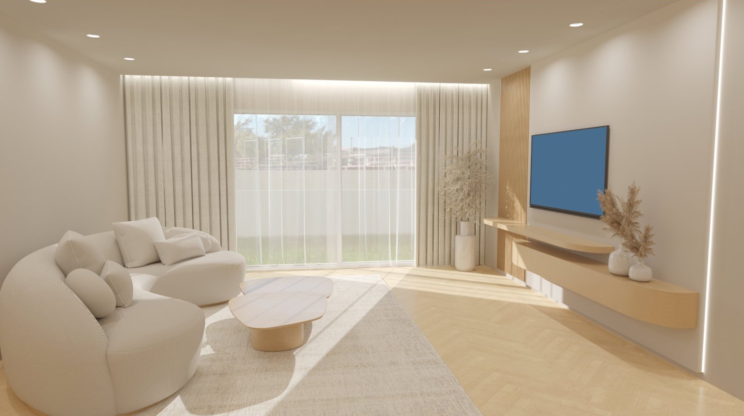 Modern living area featuring light herringbone wood flooring, a curved sofa, and minimalist wooden wall slats. Large sliding doors provide abundant natural light and terrace access.