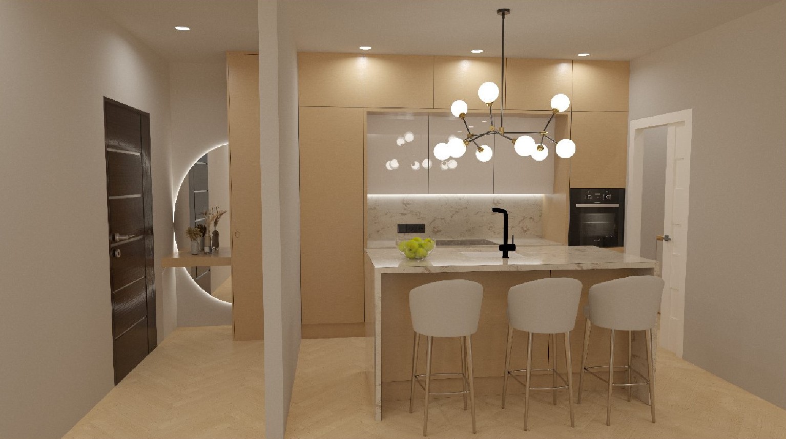Open-concept kitchen featuring a marble island with white bar stools and black fixtures. Highlights include light wood cabinetry, a designer globe chandelier, and a backlit mirror in the entry.