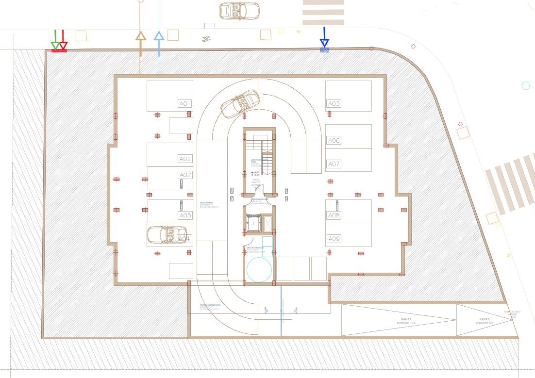 Technical floor plan of the underground parking level, showing nine numbered spaces, a circular driveway, and a central core for the elevator and stairs.