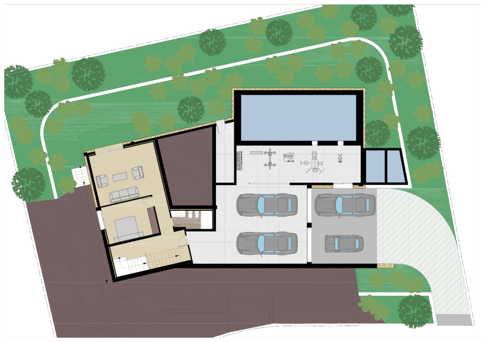 Detailed floor plan of the basement level featuring a multi-car garage, dedicated gym space, indoor pool area, and a private guest suite with a living room.