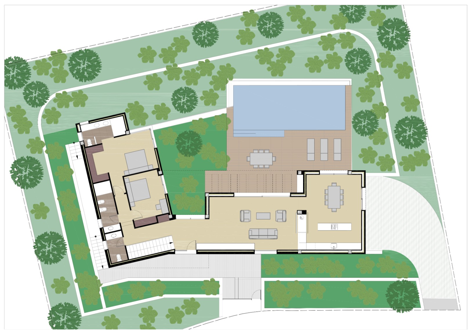 Detailed floor plan of the main level featuring an open-concept living area, two bedrooms, and a spacious terrace with a swimming pool and gardens.