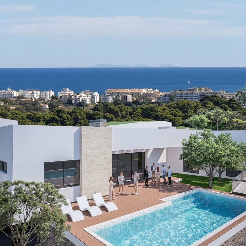 Exterior terrace featuring a designer pool, wooden decking, and minimalist white architecture. It offers panoramic views of the Mediterranean Sea and the Jávea coastline.