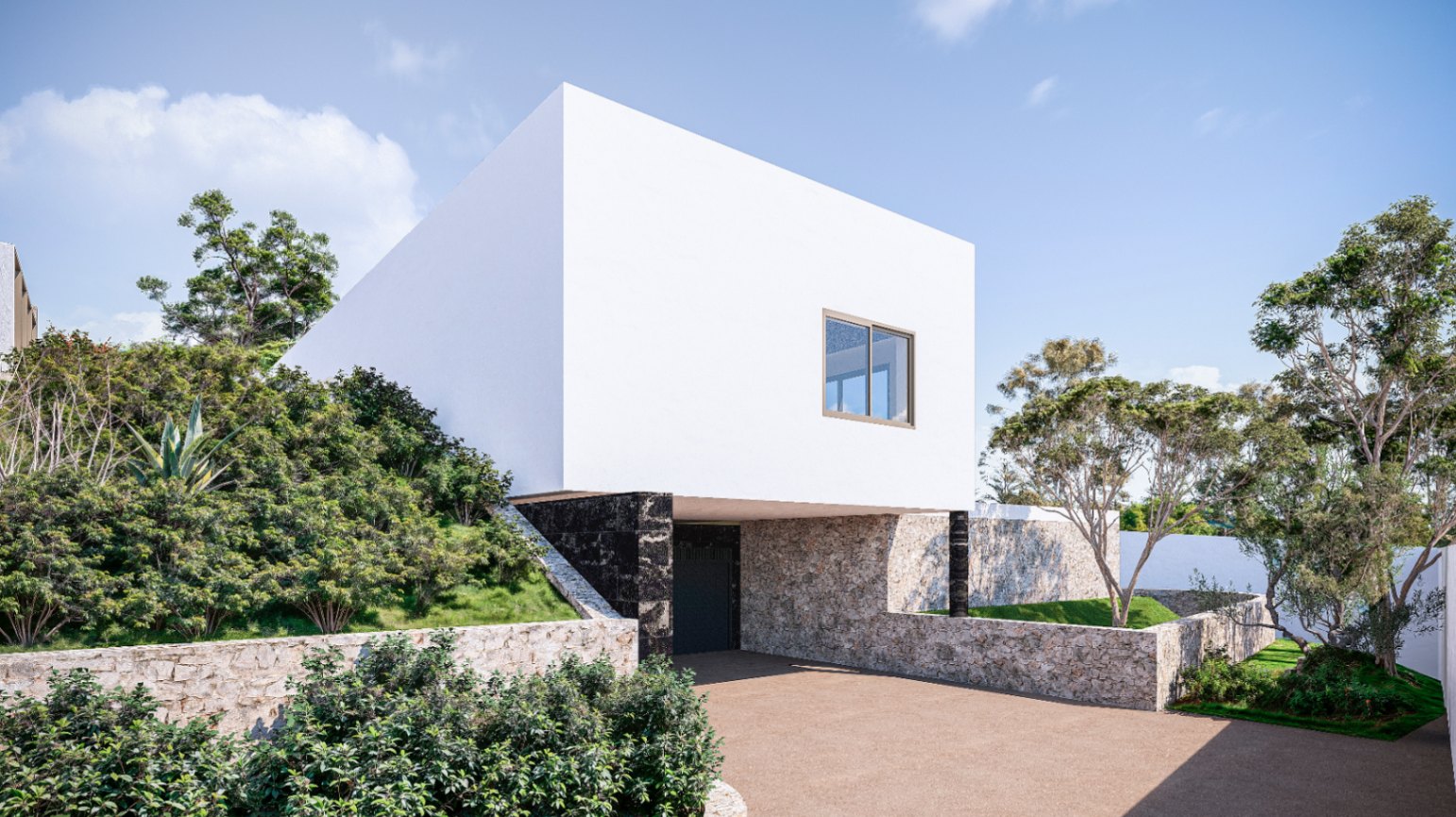 Modern facade featuring a white cantilevered upper volume over natural stone walls, a paved driveway, and integrated Mediterranean landscaping.