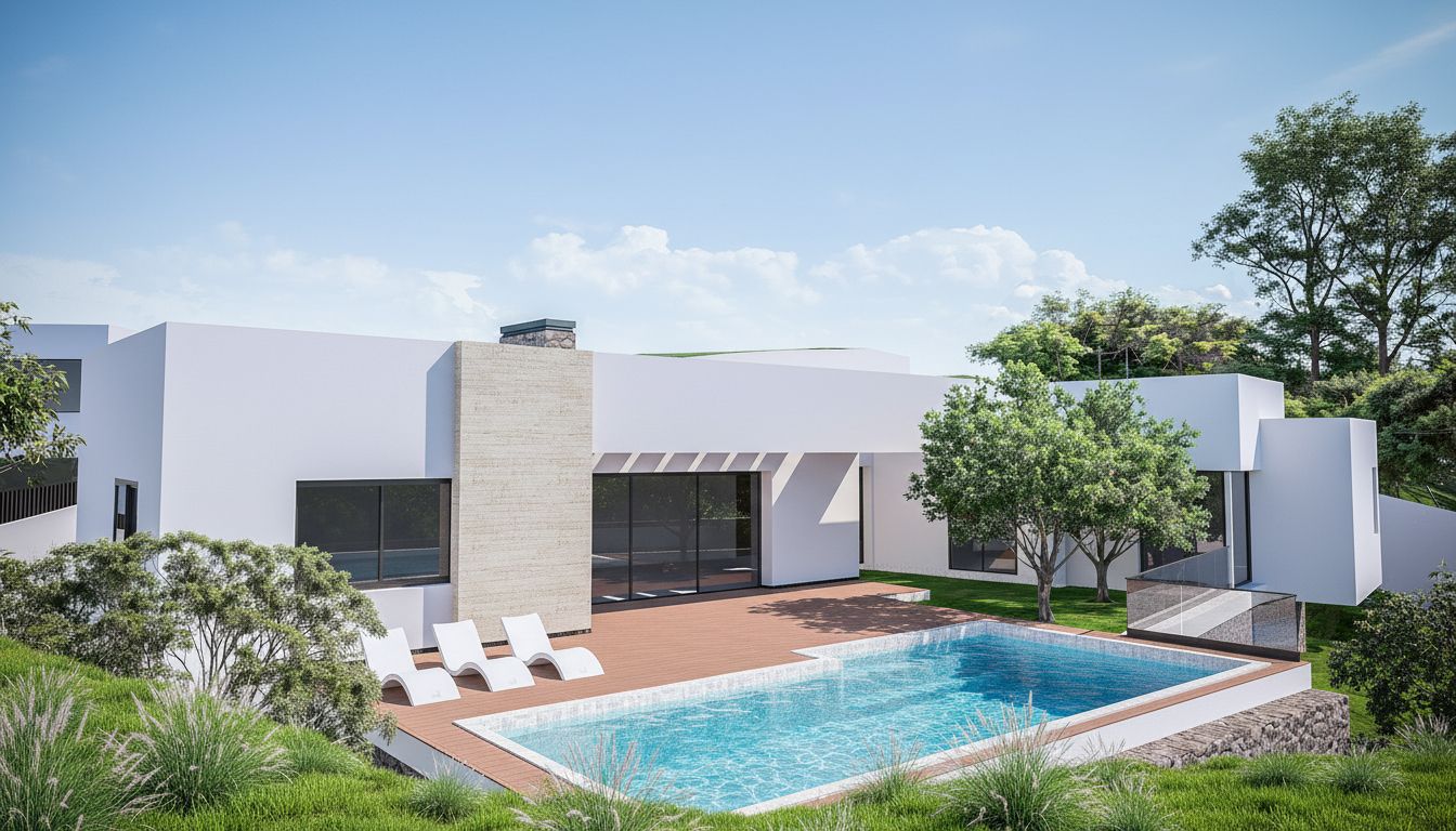 Modern villa exterior featuring a rectangular swimming pool, wooden sun deck with loungers, and minimalist white architecture with stone accents.