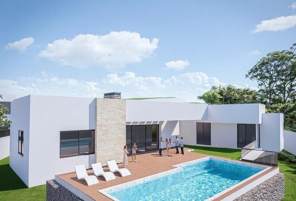 Modern villa exterior featuring white facades, natural stone accents, a spacious wooden deck, and a rectangular swimming pool with glass railings.