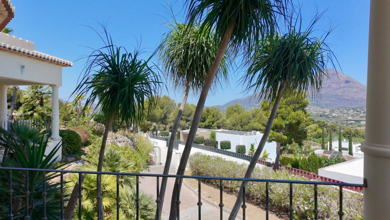 Elevated view from the terrace featuring wrought-iron railings and slender palms, overlooking the Montgó mountain and surrounding landscape.