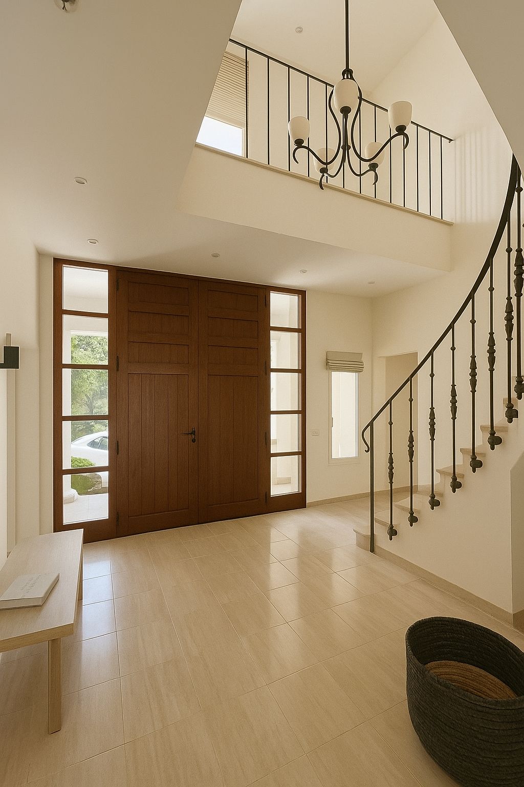 Grand entrance hall featuring double-height ceilings, large wooden double doors with sidelights, and a curved staircase with ornate wrought iron railings.