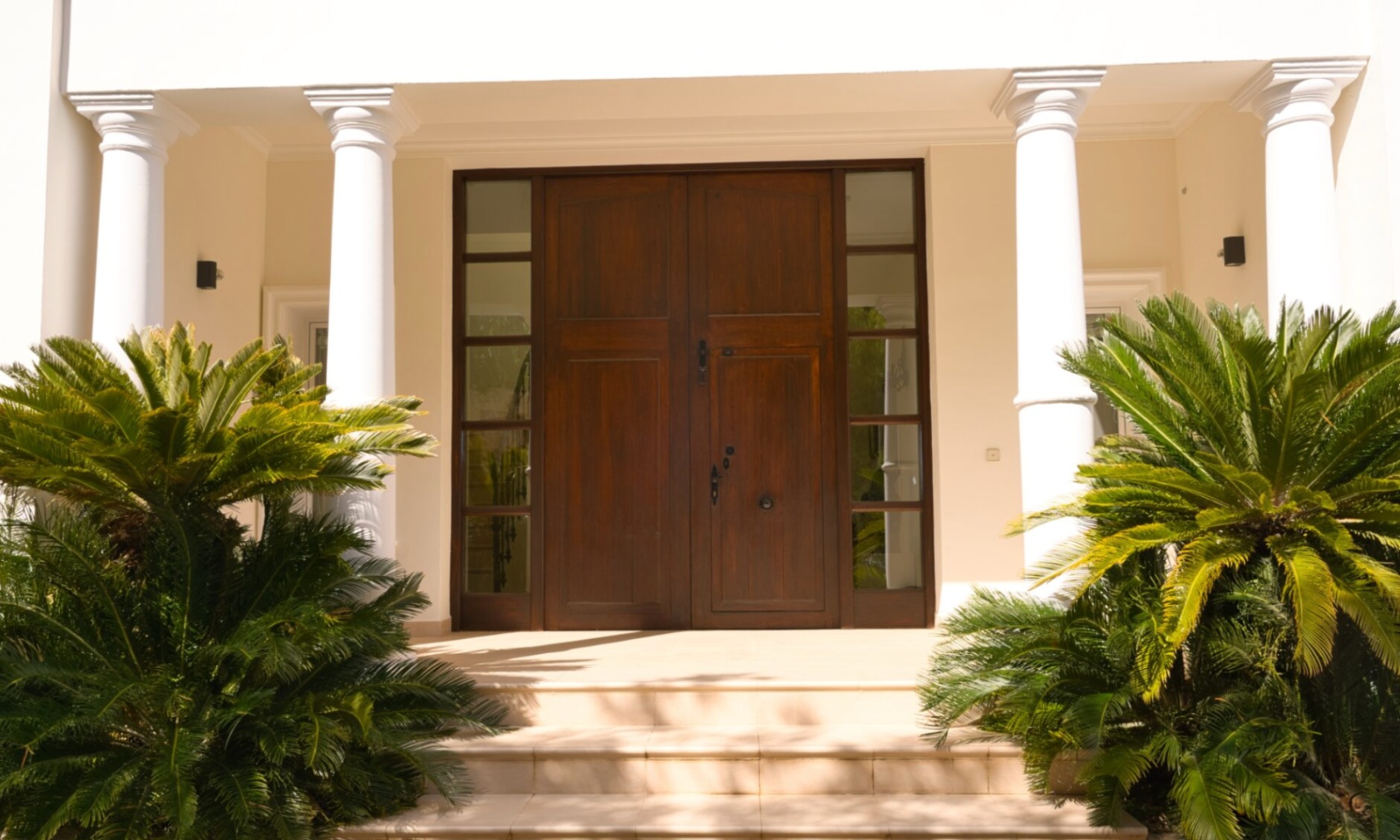 Main entrance featuring a dark wood double door with sidelights, framed by four classical white columns and lush Mediterranean greenery.